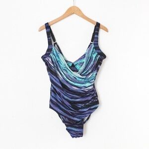 Vintage 80’s/90’s Blue, Turquoise, and Purple Swirl Striped One Piece Swimsuit
